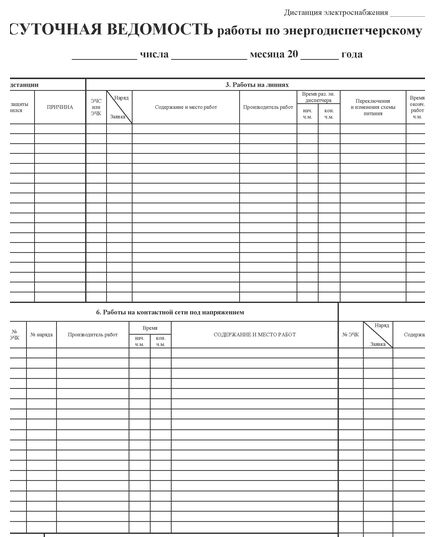 Суточная ведомость работы по энергодиспетчерскому пункту. Форма ЭУ-89 (361842). (формат А1). Утверждена ОАО "РЖД" в 2004 г. Ведется дежурным энергодиспетчером. - Энергетика. Электробезопасность, Бланочная продукция (Путевые листы, личные карточки и т.д.) -  1