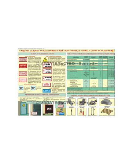 Плакат: Средства защиты. используемые в электроустановках. Нормы и сроки их испытаний, 1 штука, формат А2, ламинированный - Энергетика, Электробезопасность, Плакаты (различные типоразмеры) -  1
