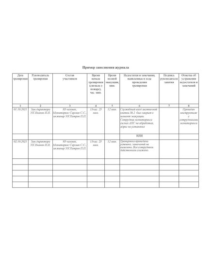 Журнал  практических тренировок по эвакуации лиц, осуществляющих свою деятельность на объекте защиты с массовым пребыванием людей, а также посетителей, покупателей, других лиц, находящихся в здании, сооружении (А4, прошитый, 60 страниц) - Пожарная безопасность, Журналы (Твердая, мягкая обложка, прошитые) -  2
