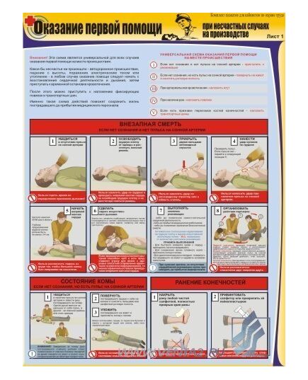 Комплект плакатов: Оказание первой помощи при несчастных случаях на производстве, 3 штуки, формат А2, ламинированные - Первая помощь, Плакаты (различные типоразмеры) -  1
