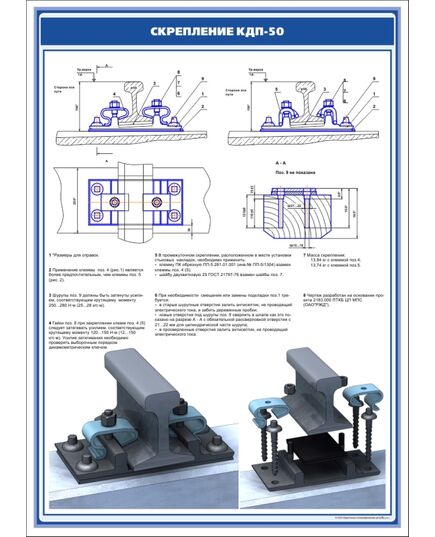 Плакат: Рельсовое скрепление КДП-50 (600 х 900 мм, ламинированный, с пластиковым профилем и стальным крючком) - Путь и путевое хозяйство, (ЦП), Железнодорожный транспорт -  1