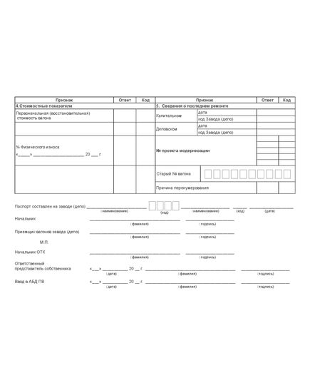 Технический паспорт вагона. Форма ВУ-4М  (формат А5, двухстрон.).  Утверждена Распоряжением ОАО «РЖД» от 20.03.2012 № 550р - Железнодорожный транспорт, Бланочная продукция (Путевые листы, личные карточки и т.д.) -  2