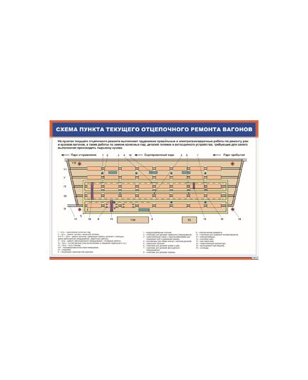 Плакат: Схема пункта текущего отцепочного ремонта вагонов (600 х 900 мм, ламинированный, с пластиковым профилем и стальным крючком) - Вагоны и вагонное хозяйство, (ЦВ, ЦЛ), Железнодорожный транспорт -  1