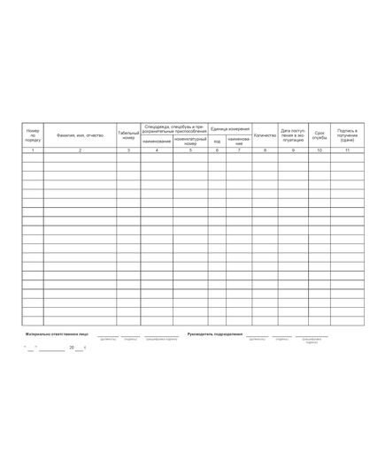 Ведомость учета выдачи спецодежды, спецобуви и предохранительных приспособлений (А4, 2-сторонний, 65 гр.) Утверждена - Постановлением Госкомстата РФ от 30.10.1997 N 71а - Охрана труда. Безопасность работ, Бланочная продукция (Путевые листы, личные карточки и т.д.) -  2