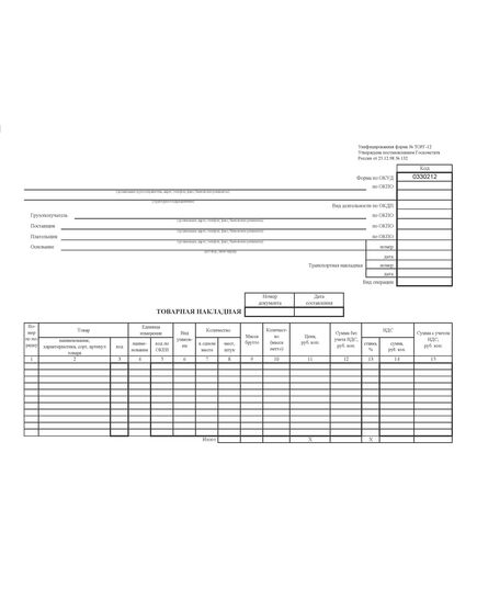 Товарная накладная. Унифицированная форма № ТОРГ-12. Утверждена постановлением Госкомстата России от 25.12.98 № 132 (А4, 2-сторонний, 65гр.) - Бухгалтерские бланки, формы, Бланочная продукция (Путевые листы, личные карточки и т.д.) -  1