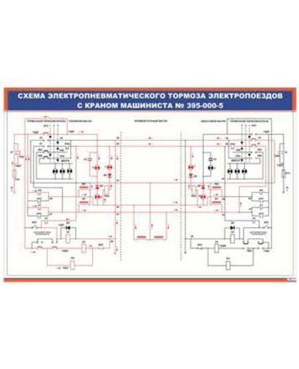 Плакат: Схема электропневматического тормоза электропоездов с краном машиниста № 395-000-5 (900 х 600 мм, ламинированный, с пластиковым профилем и стальным крючком) - Моторвагонный подвижной состав, Железнодорожный транспорт -  1