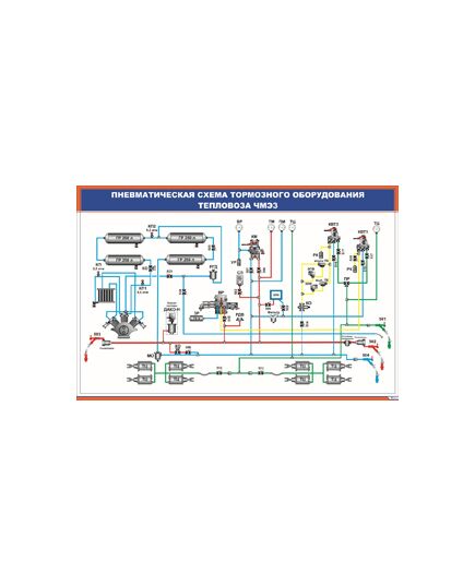 Плакат: Пневматическая схема тормозного оборудования тепловоза ЧМЭ3 (900 х 600 мм, ламинированный, с пластиковым профилем и стальным крючком) - Локомотивы и локомотивное хозяйство, (ЦТ, ЦТР), Железнодорожный транспорт -  1