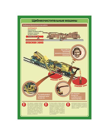 Плакат: Требования безопасности при работе со щебнеочистительными машинами (600 х 900 мм, ламинированный, с пластиковым профилем и стальным крючком) - Путь и путевое хозяйство, (ЦП), Железнодорожный транспорт -  1