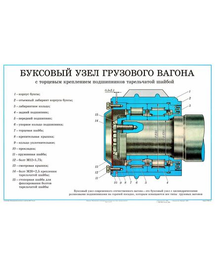 Плакат: Буксовый узел грузового вагона (с торцевым креплением подшипников тарельчатой шайбой) (лист 7). формат А1, ламинированный. - Комплект из 12 плакатов. "Конструкция и неисправности колесных пар и букс грузовых вагонов"., Вагоны и вагонное хозяйство, (ЦВ, ЦЛ) -  1